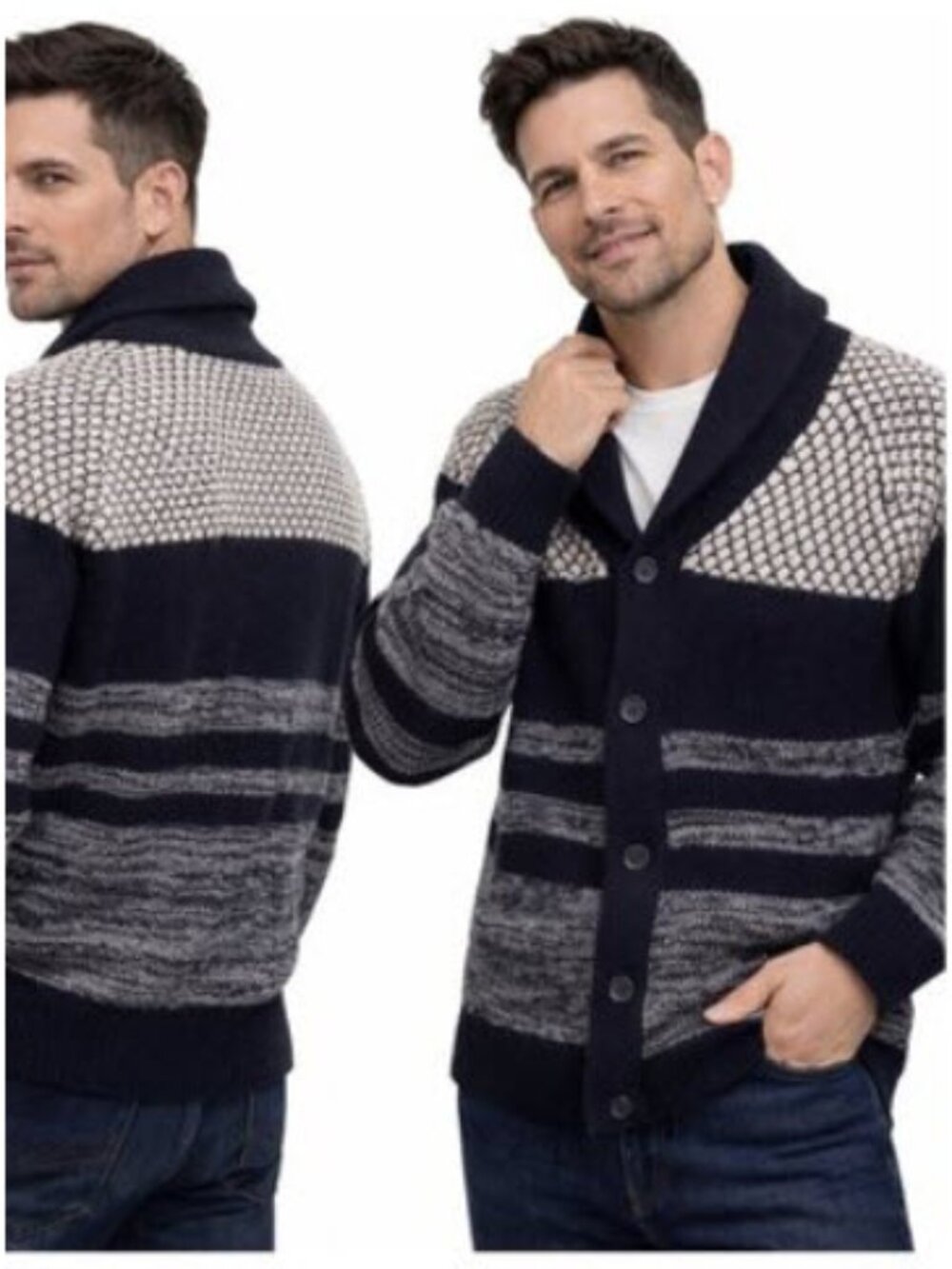 British Khaki Men’s Shawl Collar Cardigan Dark Blue White Knit Sweater Size XL
